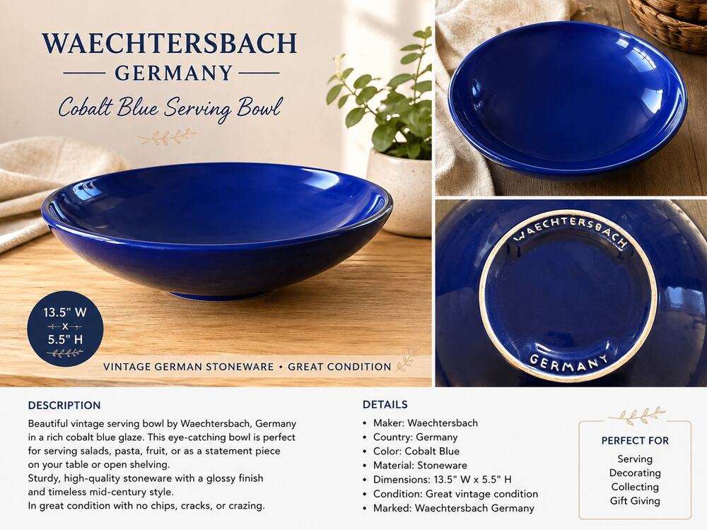 Waechtersbach Germany Cobalt Blue Large 13.5" Serving Salad Bowl German Pottery